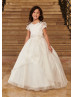 Short Sleeves Ivory Lace Organza Long Flower Girl Dress